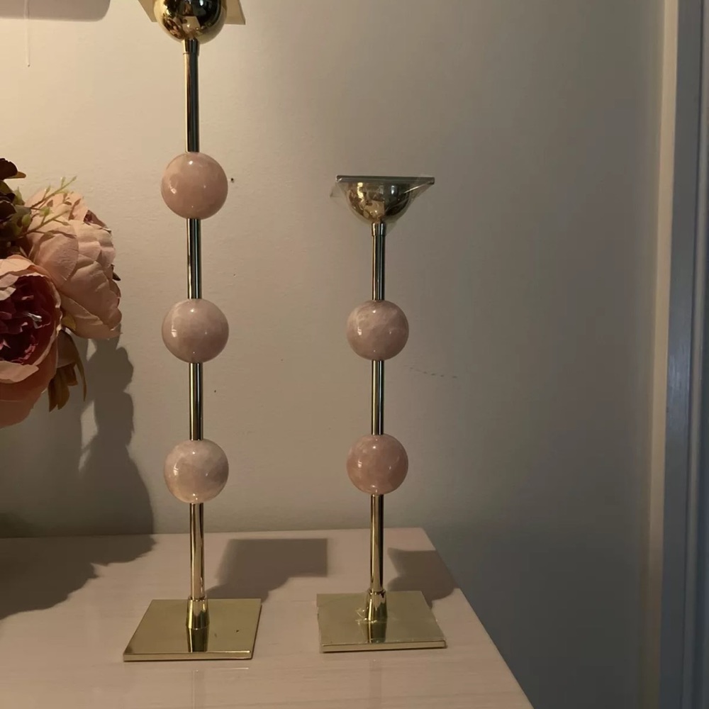 Ilymnia Candlestick Brass And Rose Quarts Set Of Two